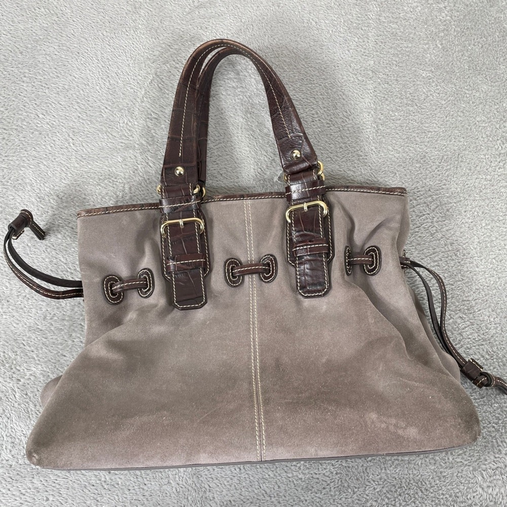 Dooney & Bourke Tote Bag Womens Gray Suede Brown Croc Leather Trim Buckle Hobo - Picture 5 of 13